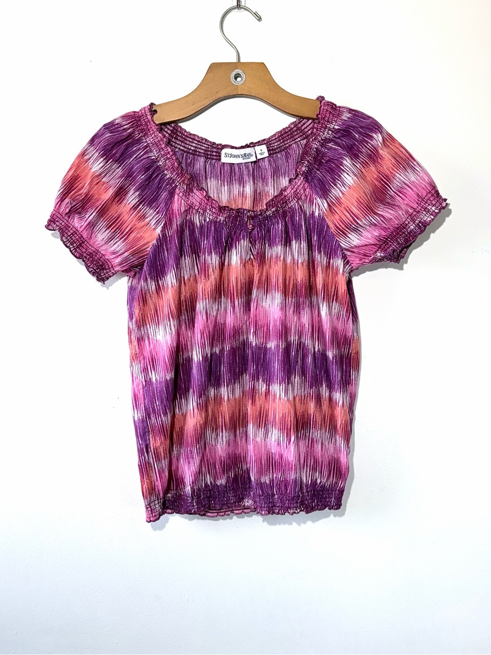 St. John's Bay Pink & Purple Tie-Dye Smocked Short Sleeve Top